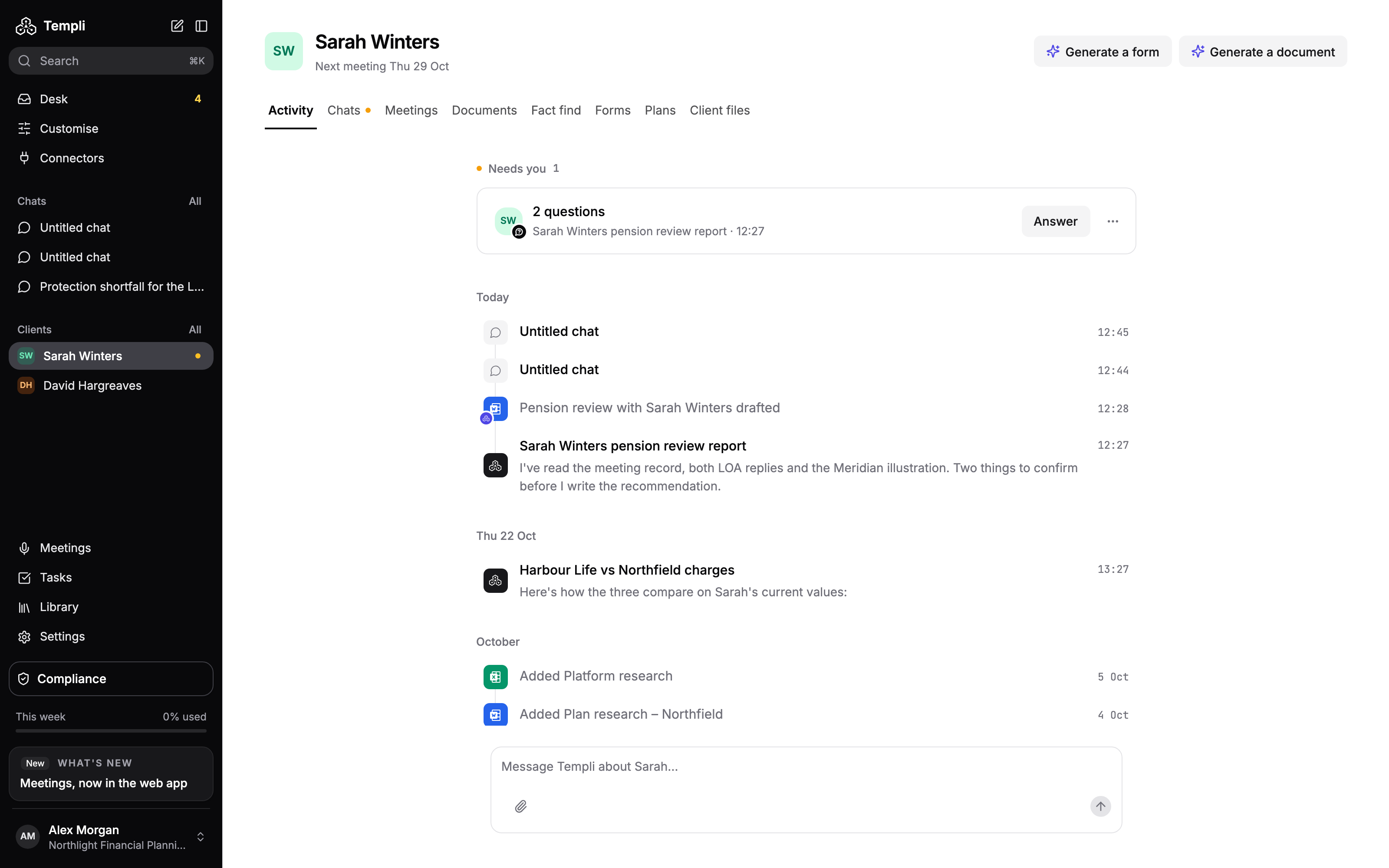 The Activity tab for Sarah Winters, with a Needs you item at the top, a day-by-day history below it and a message box at the bottom.