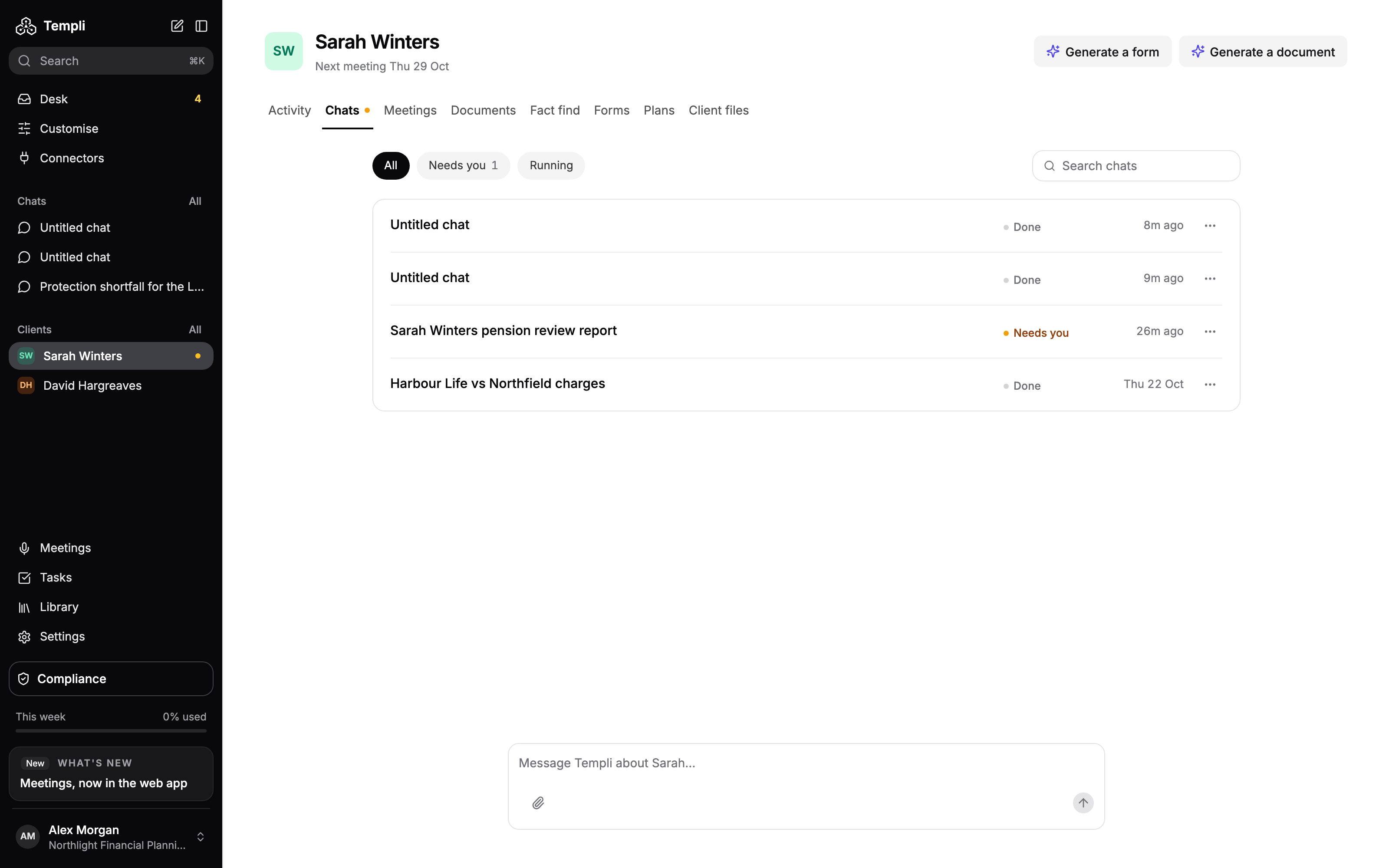 The Chats tab for Sarah Winters, with All, Needs you and Running filters, a Search chats box, a list of chats with their status and a message box below.