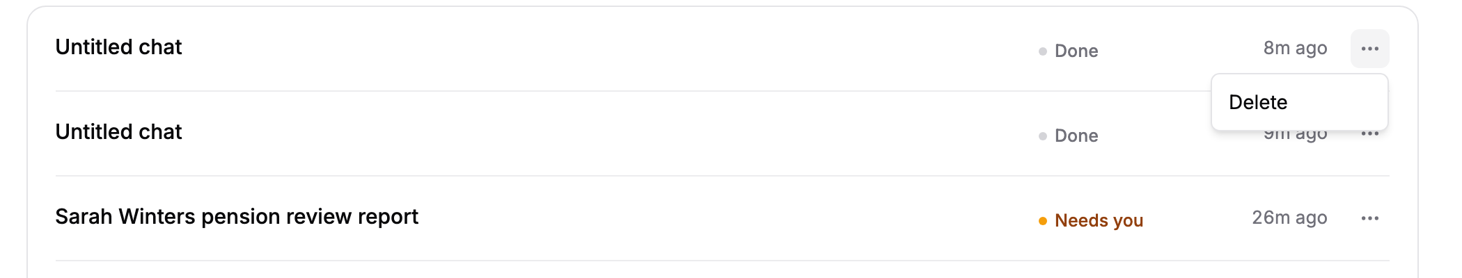The three-dot menu on a chat's row showing Delete.