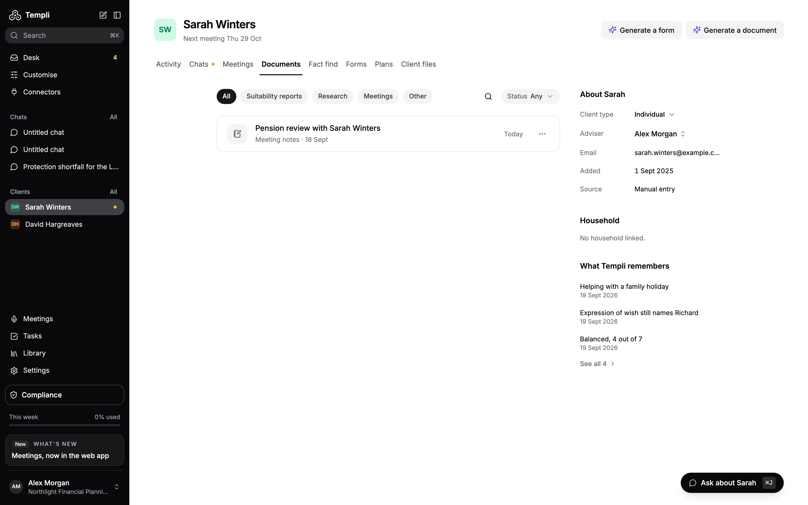 The Documents tab for Sarah Winters, with type filters, a Status filter and one meeting-notes document listed.