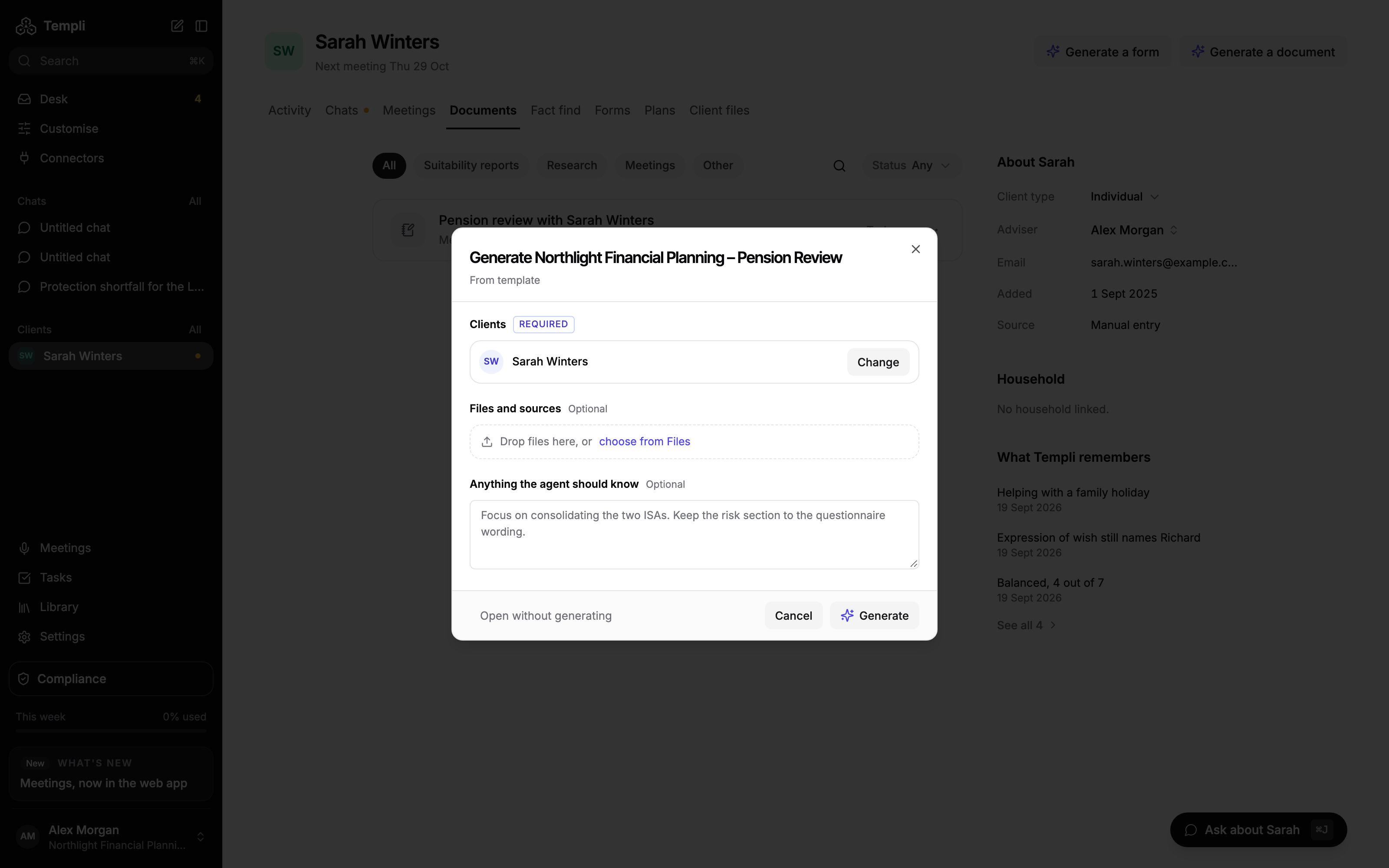 The Generate dialog for a template, with the client, Files and sources, Anything the agent should know, Open without generating, Cancel and Generate.