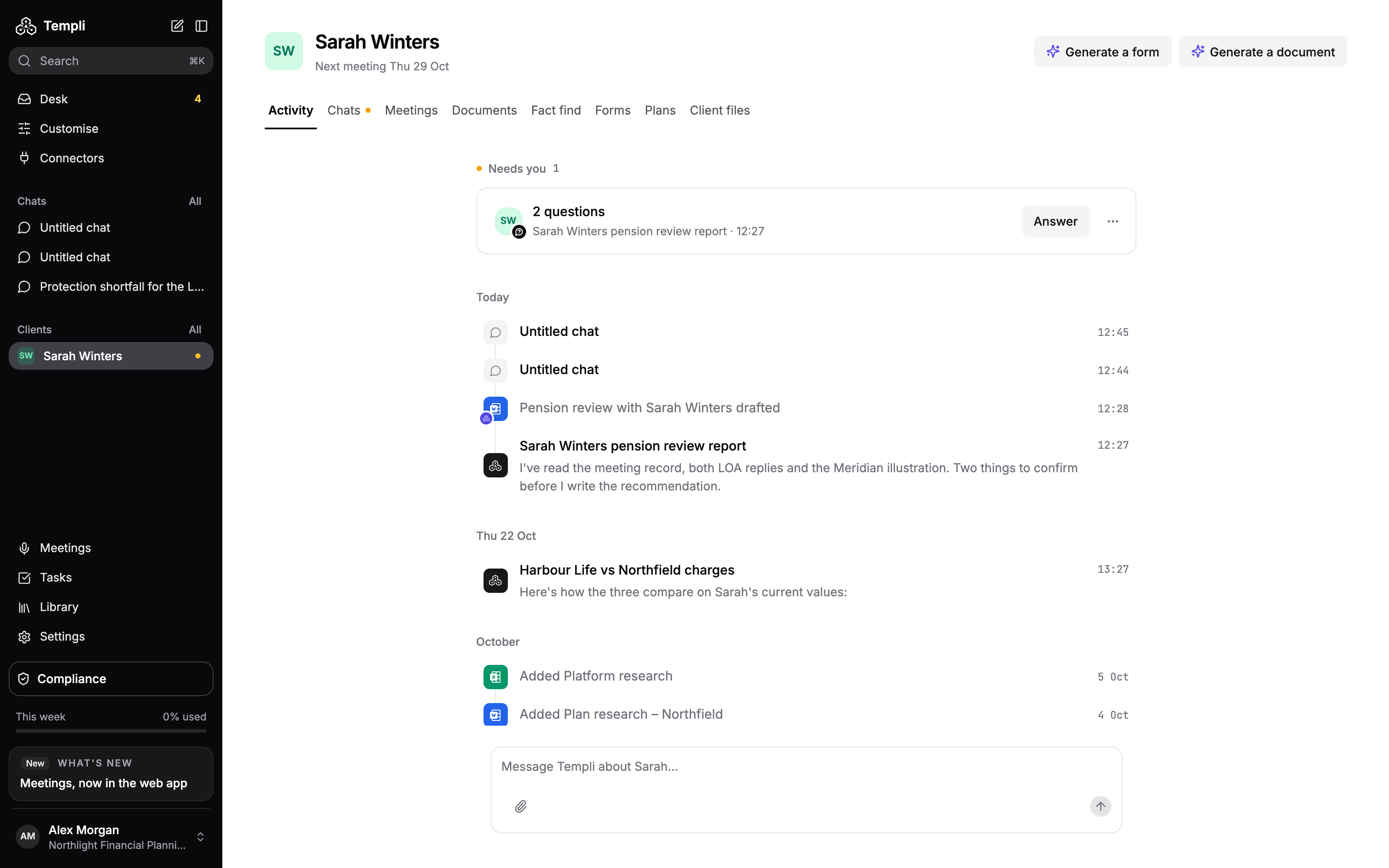 A client hub on the Activity tab, with the client's name, next meeting, the Generate a form and Generate a document buttons, and the row of tabs.