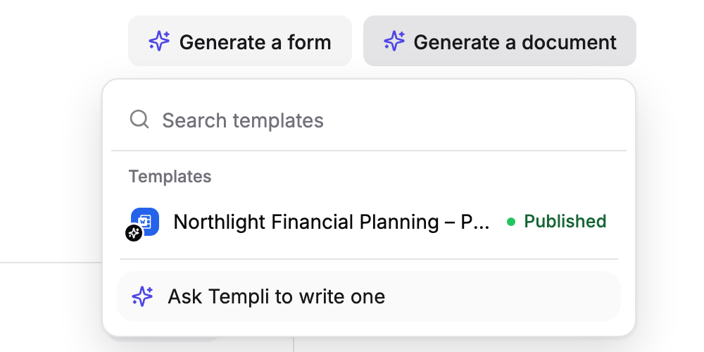 The Generate a document menu open, listing a published template and Ask Templi to write one.