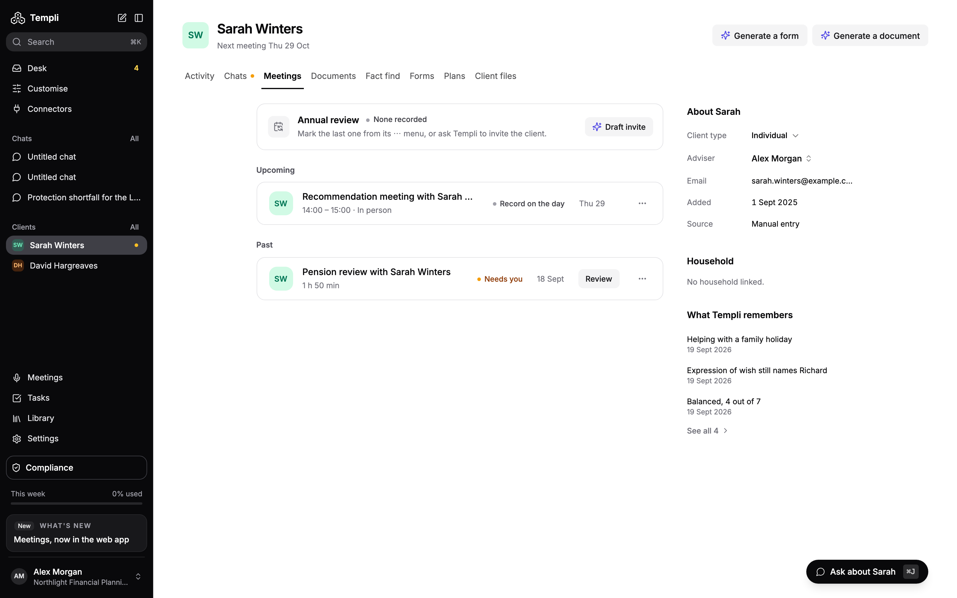 The Meetings tab for Sarah Winters, with the Annual review card at the top, one upcoming meeting and one past meeting, and the About panel on the right.