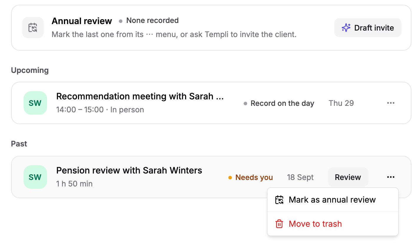 The three-dot menu on a past meeting, showing Mark as annual review and Move to trash, under the Annual review card.