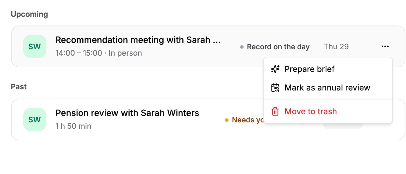 The three-dot menu on an upcoming meeting, showing Prepare brief, Mark as annual review and Move to trash.