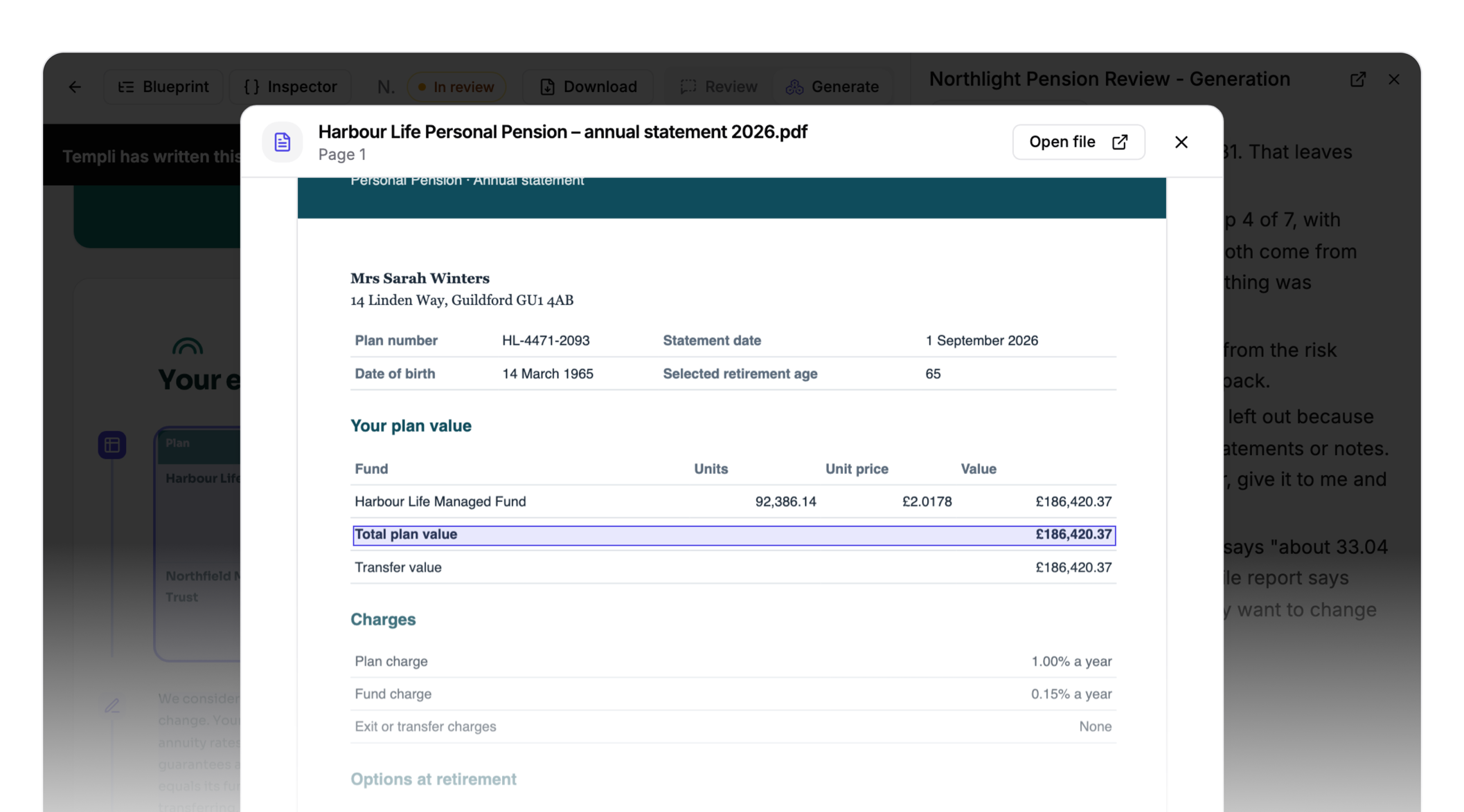 A pension statement opened from a report, with the total plan value outlined.