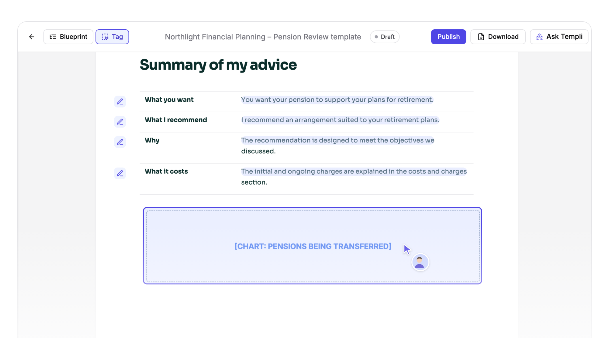 Tag mode in a Word template, with the pensions chart section selected.