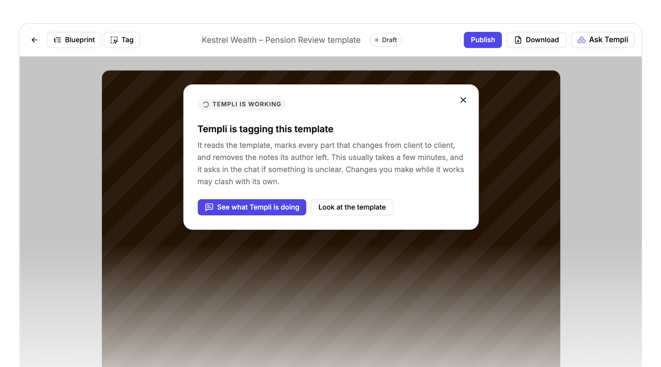 Templi tagging a newly uploaded Word template.